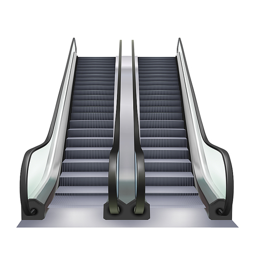 Escalator Two Way Direction Electric Device Vector. Speed Stairway Escalator Subway Tool For Transportation Human In Underground. Moving Ramp Stairs Concept Layout Realistic 3d Illustration