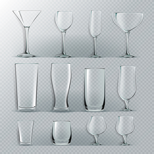 Transparent Glass Set Vector. Transparent Empty Glasses Goblets For Water, Alcohol, Juice, Cocktail Drink. Realistic Illustration