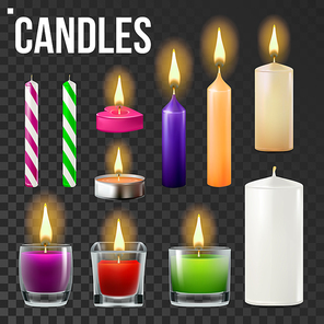 Candles Set Vector. Different Types Of Paraffin, Wax Burning Candles. Classic, Glass Jar, For Cake. Party Candle Light Icon. Transparent Background. Realistic Illustration