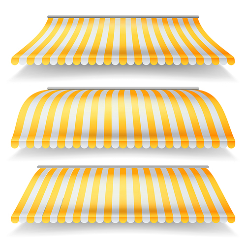 Striped Awnings Vector Set. Large Striped Awnings For Shop And Market Store. Isolated On White Background Illustration