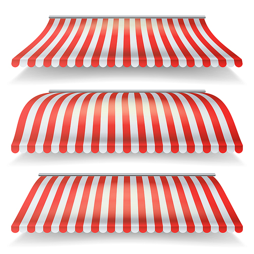 Classic Red And White Awning Vector Set. Realistic Store Awning Isolated On White Background