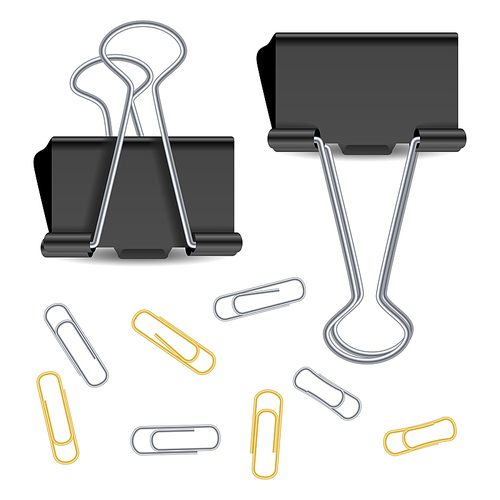 Small Binder Clips Vector Isolated On White. Realistic Paper Clip