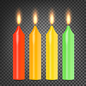 Burning 3D Realistic Dinner Candles Vector. Set Colorful On Dark Transparent Background