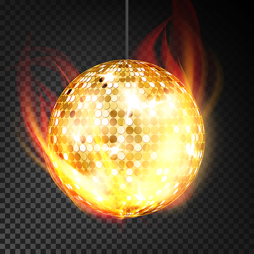 Gold Disco Ball Vector Realistic. Yellow Dance Night Club Ball In Burning Style Isolated Illustration