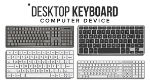 Desktop Keyboard Vector. 3D Realistic Classic Computer Keyboard Mockup. Isolated On White Illustration