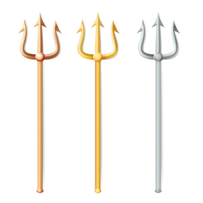 Neptune Trident Vector. Realistic 3D Silhouette Of Neptune Or Poseidon Weapon. Pitchfork Sharp Fork Object. Isolated On White