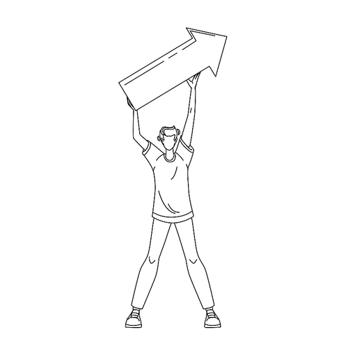 man showing increase profitability banner black line pen drawing vector. young boy holding arrow board above body and show increase profit. financial and business career growth illustration