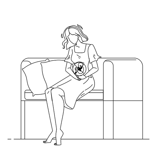 pregnant young woman think about abortion black line pen drawing vector. pregnancy girl sitting on couch and think about abortion. crossed out embryo fetus inside character abdomen illustration