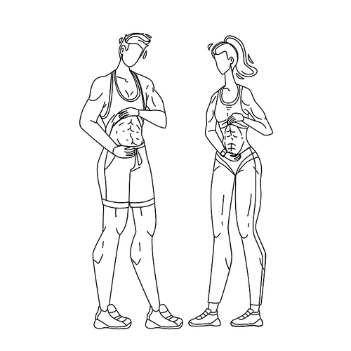 fitness people showing abs and flat belly black line pen drawing vector. muscular sportive young man and woman show abs, active sport lifestyle. characters strong bodybuilder sportsman illustration