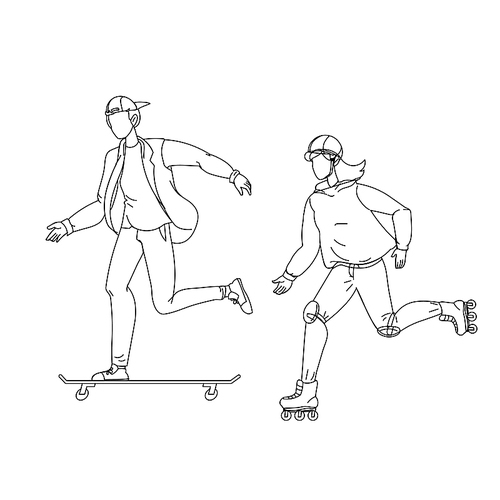 young boy and girl have activity sport time black line pen drawing vector. man riding on skateboard and woman on roller skates, green bushes on background, sportive activity in park. illustration