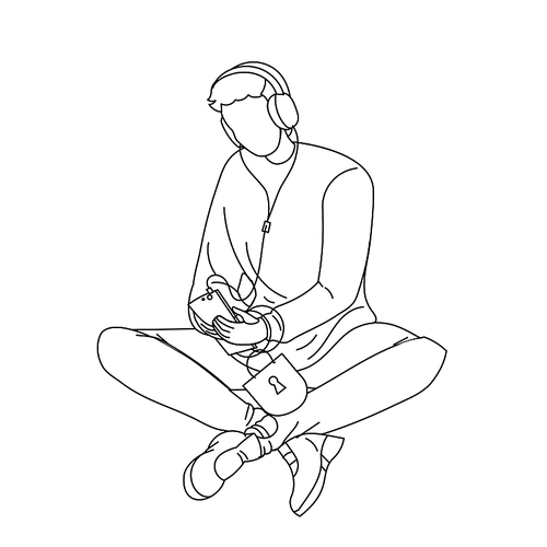 man using mobile cellular for listen music black line pen drawing vector. boy sitting on grass and listening audio tracks watching video on mobile phone in park. smartphone addiction illustration