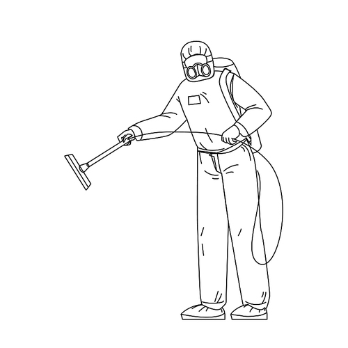 man in protective suit disinfecting balcony black line pen drawing vector. guy in protective costume uniform coveralls with equipment for antibacterial hygiene disinfection. character illustration