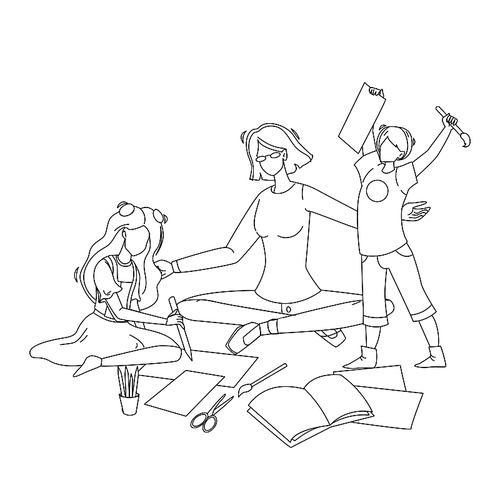 babysitter make exercises with children black line pen drawing vector. babysitter young woman playing and educate with little boy and girl. play educational game together illustration