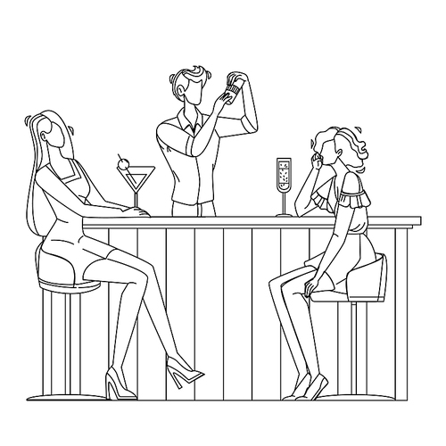barman making alcoholic cocktail for women black line pen drawing vector. young barman mixing ingredients for beverage, drink for restaurant clients. bar worker and customers illustration