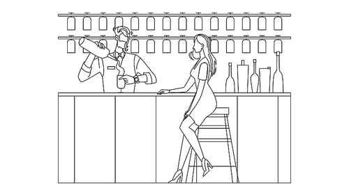 bartender expert making cocktail for woman black line pen drawing vector. young bartender make mixing alcoholic or non-alcoholic drink for bar client. barman and customer illustration