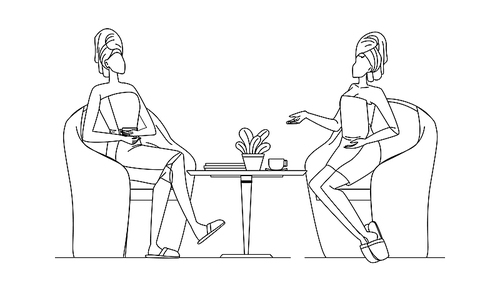 women wearing bathrobe and towel on head black line pen drawing vector. girls wear bathrobe and napkin sitting on chairs, drinking beverage and speaking after shower or sauna. illustration