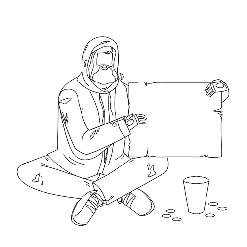 beggar sitting on floor and holding carton black line pen drawing vector. beggar man sit on street hold blank piece of paper cardboard, near cup and scattered coins money. illustration