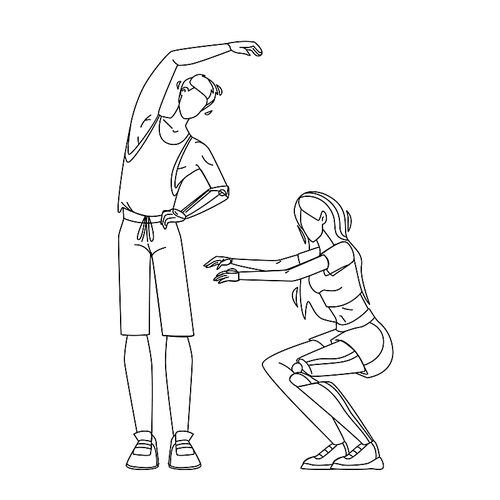 people with bionic limbs fitness exercising black line pen drawing vector. man with bionic hand and woman with artificial leg prosthesis. sportsman active sport time lifestyle illustration