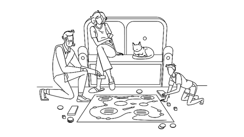 family playing board game on room floor black line pen drawing vector. man father, woman mother and boy son play board game, cat lying on couch. parents and child active funny time illustration