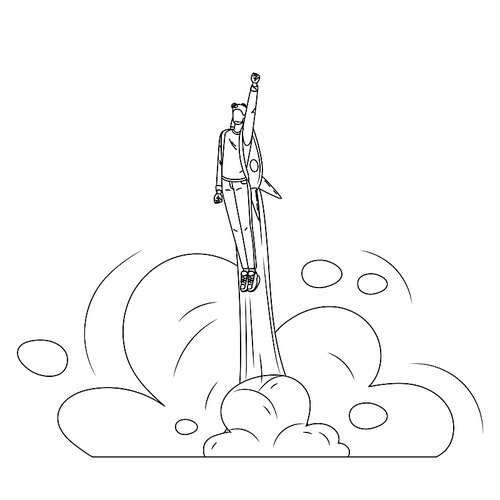 man businessman fly with jet pack booster black line pen drawing vector. young guy start flying with booster rocket equipment. character aspiration business career boost and leadership illustration