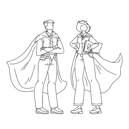 bravery super heroes courage man and woman black line pen drawing vector. bravery boy businessman and girl businesswoman wearing super hero costume and cape. daring illustration