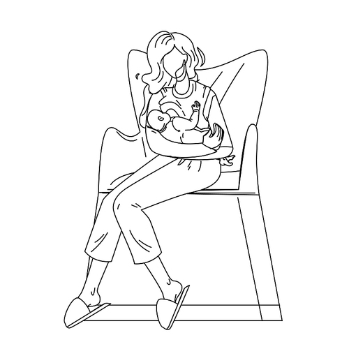 woman breastfeeding newborn baby black line pen drawing vector. adult girl mother sitting on armchair and breastfeeding child, leaves branch and bush on background. kid eat drink milk illustration