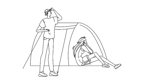 campsite tent and tourists man and woman black line pen drawing vector. camping tent and young couple boy and girl active leisure, campground hiking. vacation nature adventure illustration
