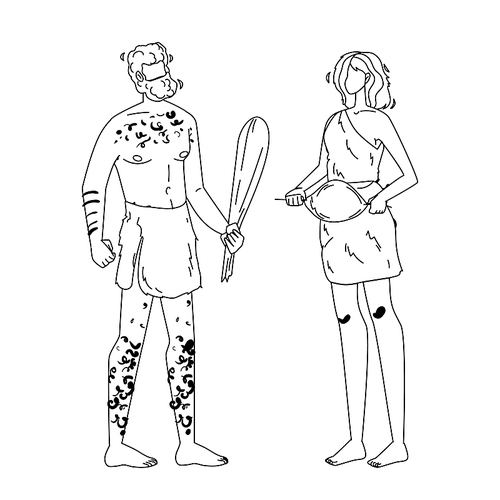 caveman primitive man talking with woman black line pen drawing vector. caveman holding wooden truncheon speaking with girl hold fried meat, prehistoric male and female. cave people illustration