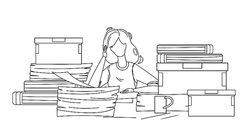 woman employee clutter office workplace black line pen drawing vector. girl holding head sitting at clutter working table with paper pile. businesswoman worker, missing deadlines illustration