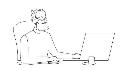 man coder development programming computer black line pen drawing vector. bearded guy coder wearing headphones coding application on laptop, software engineer sitting at desk. coding illustration