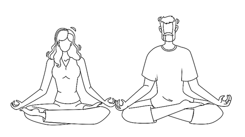 consciousness mind meditating man and woman black line pen drawing vector. consciousness mind yoga exercising in lotus pose. peaceful calm meditation sitting with crossed legs illustration