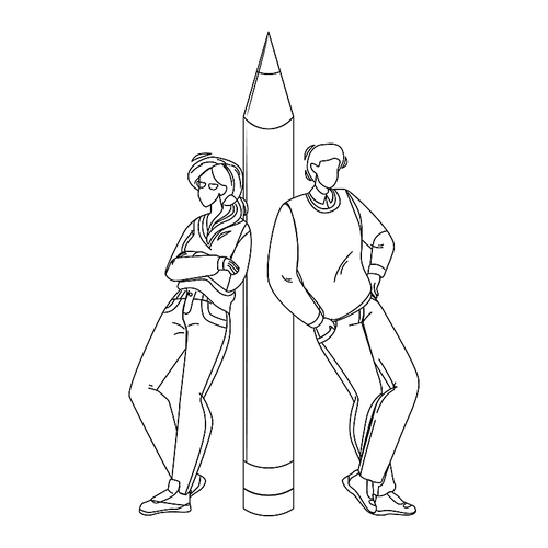copywriters man and woman leaned pencil black line pen drawing vector. copywriters author or editors document or newspaper list with article on background. journalist illustration