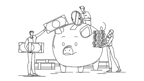 businesspeople add money to piggy bank black line pen drawing vector. man and girl adding coin and dollar banknotes in money bag. nusiness partner profit, investment crowdfunding illustration