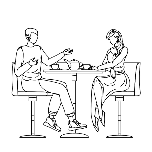 romantic couple dating in cafe communicate black line pen drawing vector. characters dating in restaurant discussing, talking and drink tea. man and woman spending time together illustration