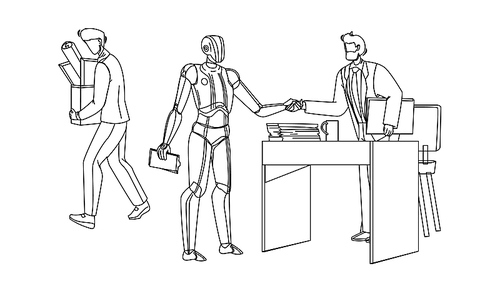 dismissed worker leave office with supplies black line pen drawing vector. dismissed with box and robot handshake director or employee, artificial intelligence, human vs robots. illustration