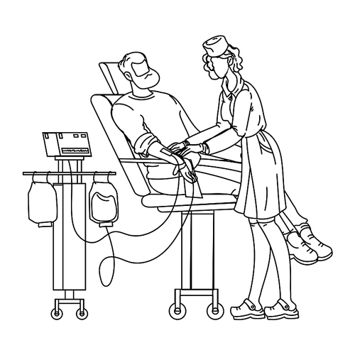 man as blood donor at donation in hospital black line pen drawing vector. boy patient sitting in medical chair and donating blood, woman doctor or nurse connection tool transfusion. illustration