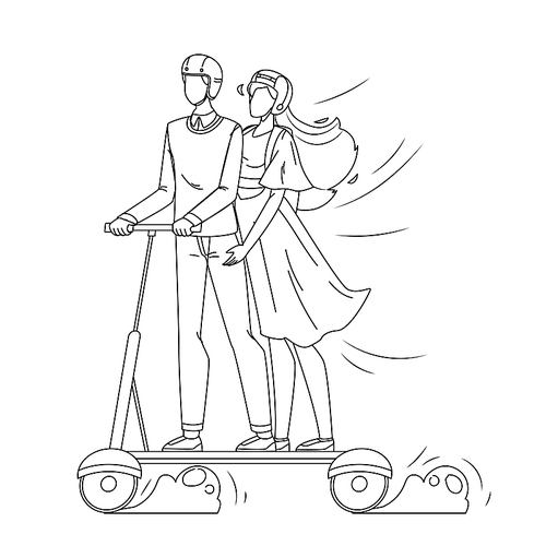 man and woman riding electrical scooter black line pen drawing vector. young boy and girl couple wearing protection helmet ride electric scooter. urban alternative ecology transport illustration