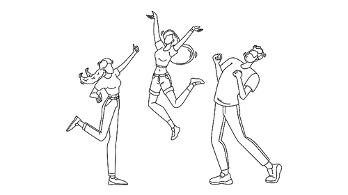 happy people jumping enthusiasm emotion black line pen drawing vector. business employee young man and woman jump in air cheerfully with enthusiasm expression. office workers, friends illustration