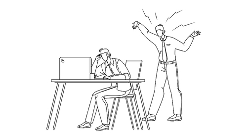 employee man exhausted by boss screaming black line pen drawing vector. tired guy sitting at table and holding head suffers from headache, depressed or exhausted by loud. characters illustration