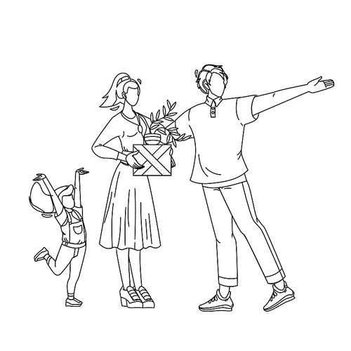 family with carton boxes moving in house black line pen drawing vector. happy parents mother and father with daughter moving in new home apartment. characters man, woman, little girl illustration