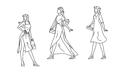 model girls wear fashion apparel on podium black line pen drawing vector. young women in fashionable clothing walking on runway demonstrating new collection of apparel. characters illustration