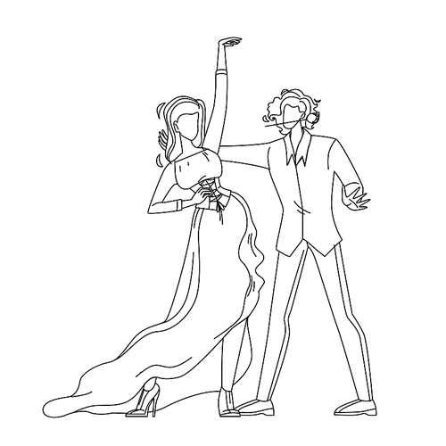 woman and man dancers dancing flamenco black line pen drawing vector. couple dance flamenco, wearing spanish traditional cultural attractive costumes. elegant dress and suit illustration