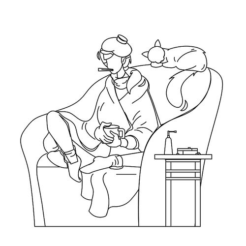 flu ill girl in armchair with temperature black line pen drawing vector. flu sick woman with warmer on head and wrapped in plaid holding cup and thermometer in mouth. disease treatment illustration