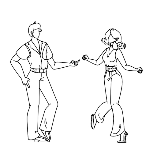 boy and girl dancing funk dance black line pen drawing vector. dancer young man and woman dancing hip hop, disco sphere and sound notes on background. music club, active lifestyle illustration