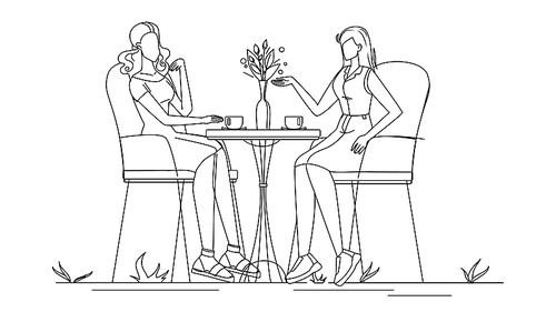girl friends talk and drink coffee in cafe black line pen drawing vector. young woman friends sitting at restaurant table talking and drinking hot drinks. characters communication illustration