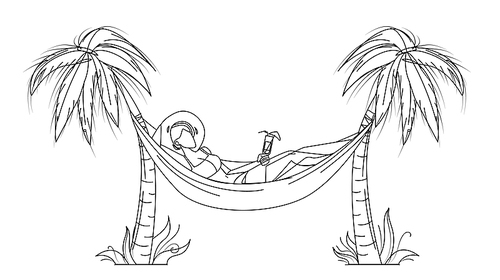 woman relaxing with cocktail on hammock black line pen drawing vector. young girl holding in hand tropical drink glass and lying in hammock between palm trees. relax on vacation illustration