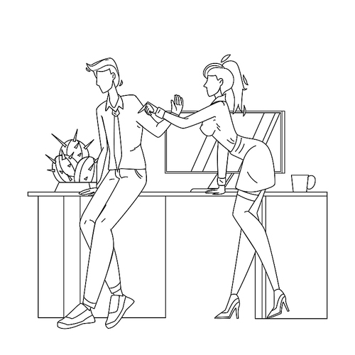 woman employee harassment man colleague black line pen drawing vector. young girl touching sexual harassment and flirting with boy. businesswoman sexually harassing businessman illustration
