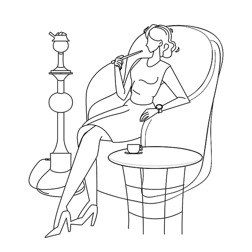 woman relaxing and smoking in hookah cafe black line pen drawing vector. young girl sit in armchair, smoke aromatic hookah tobacco and drink coffee or tea drink. resting illustration