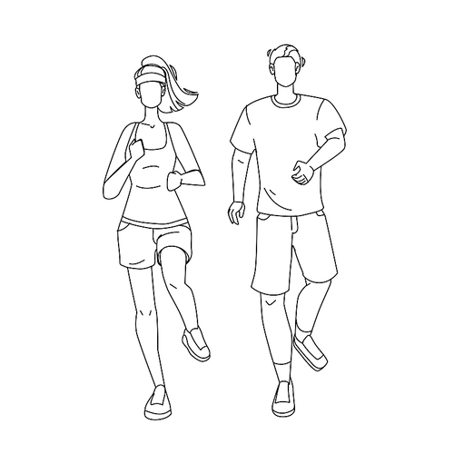 joggers man and woman running together black line pen drawing vector. young boy and girl joggers couple run, sport training and exercising. characters sportive active health care time illustration