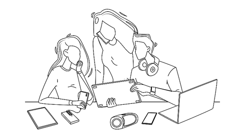 young people use new millennial gadgets black line pen drawing vector. girls and boy watch at electronic tablet, laptop, portable speaker and charging from battery mobile phone gadget. illustration